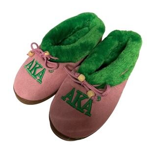 Pink AKA Slippers Green Fur Trim Embroidered 1908 Size L 7/8 Loungewear